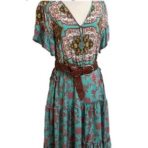 MATILDA JANE Aztec Print Turquoise Brown Tiered Midi Dress